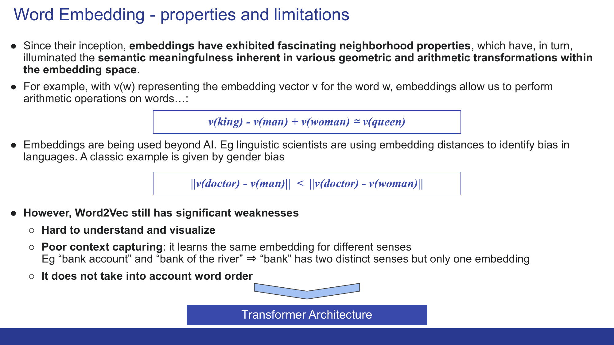 Properties and limitations of word embeddings: a single vector per word despite different senses, word order being ignored, the vector arithmetic king minus man plus woman approximately equals queen, and the gender bias in the distance between doctor and man versus doctor and woman; at the bottom, an arrow pointing to the Transformer architecture.